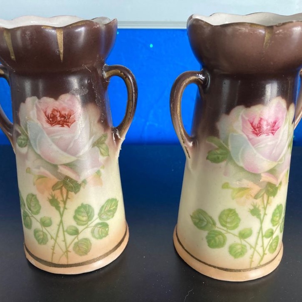 2 Hand Painted Vintage Rose  Vases